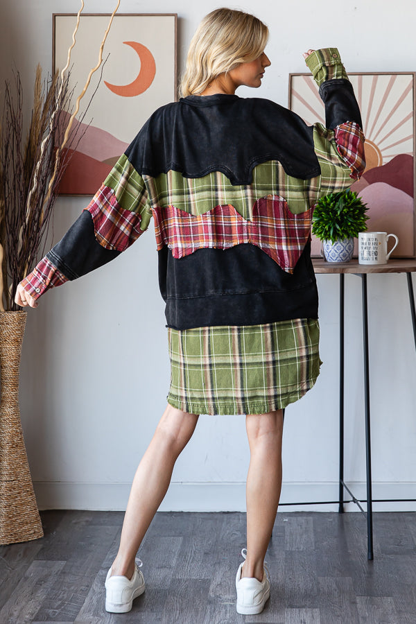 WASHED PLAID PATCHWORK TUNIC LONG SLEEVE TOP