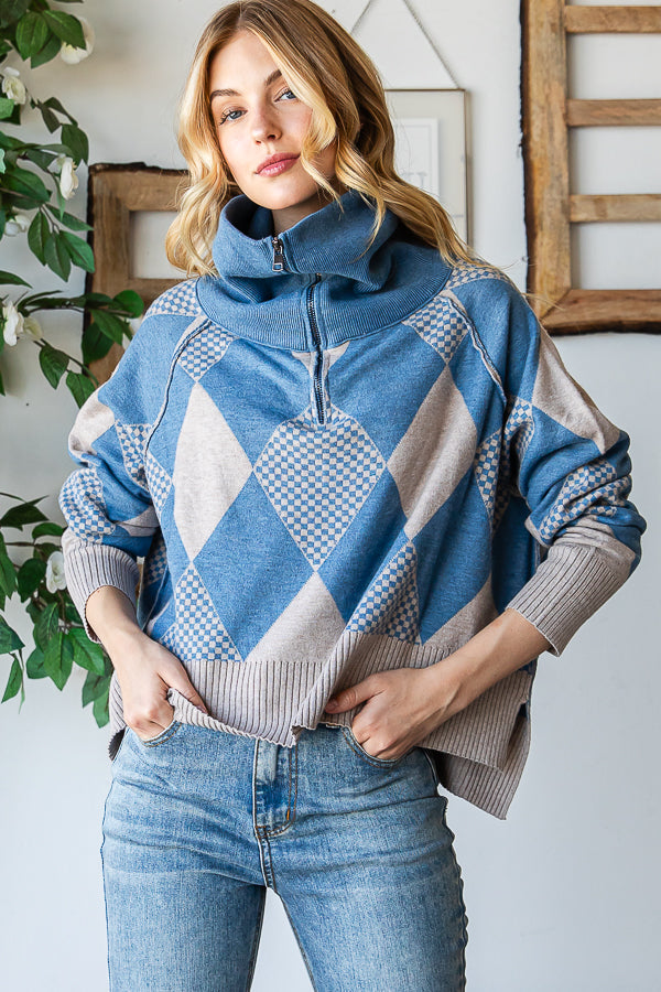 TWO TONE ARGYLE HALF ZIP UP PULLOVER SWEATER TOP