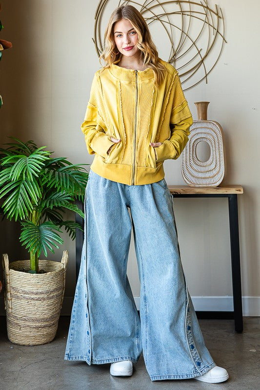 ZIP FRONT MIX HOODED CROPPED JACKET