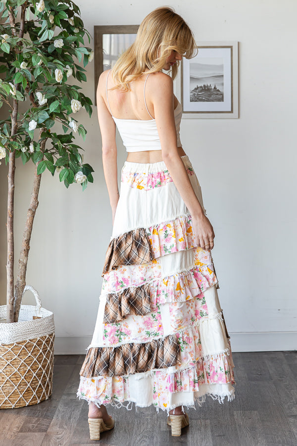 WASHED PLAID FLOWER PATCHWORK SLIT MAXI SKIRT