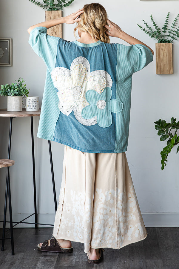 WASHED FLOWER PATCHWORK SHORT SLEEVE TOP