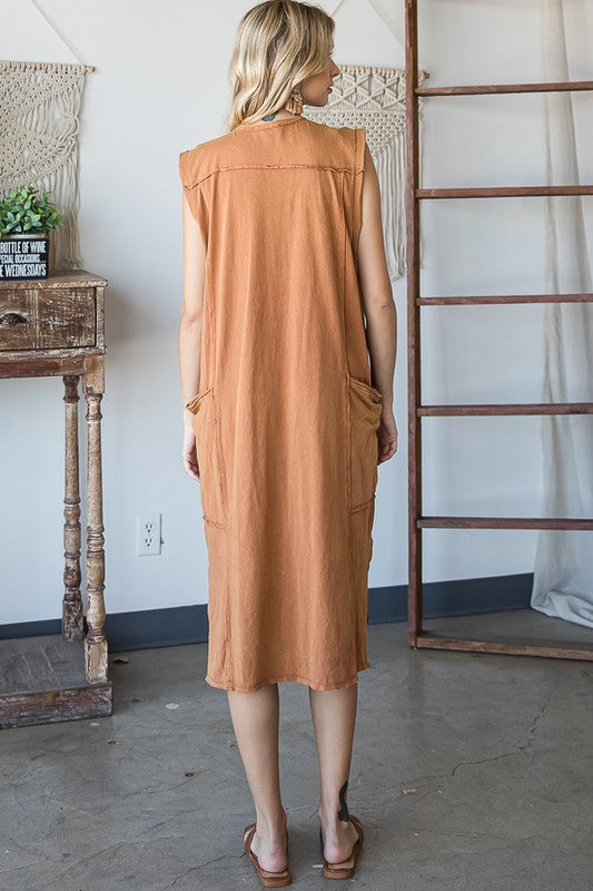 WASHED SLEEVELESS SIDE POCKETS COTTON TUNIC DRESS