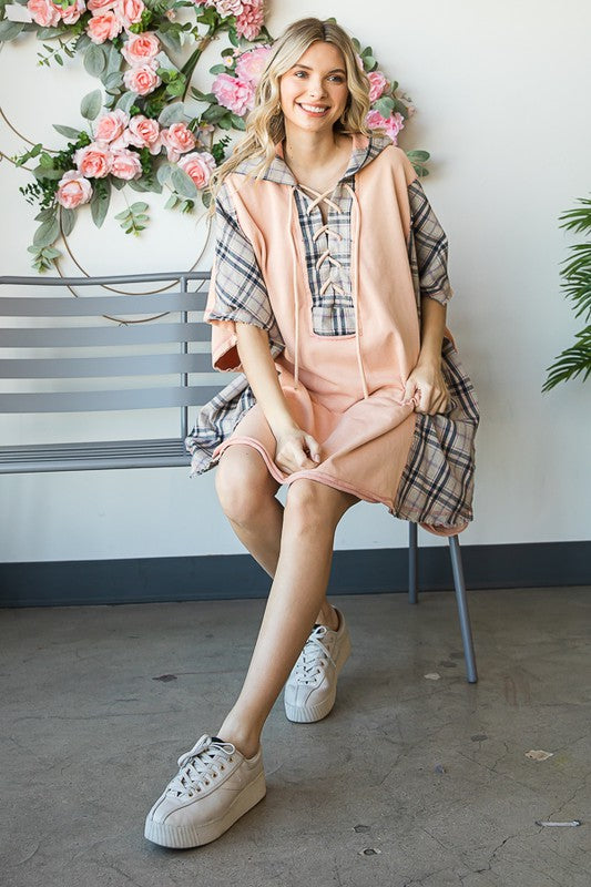 WASHED MIX MEDIA PLAID DETAIL OVERSIZED TUNIC TOP