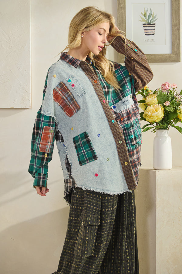 COLORBLOCK PATCHWORK PLAID BUTTON DOWN SHIRT