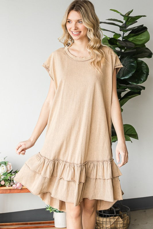 WASHED RUFFLE HEM SHORT SLEEVE TUNIC DRESS