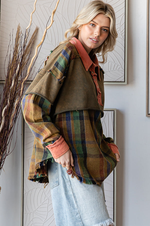 MIX MEDIA COLLARED NECK FRAY HEM LONG SLEEVE SHIRT