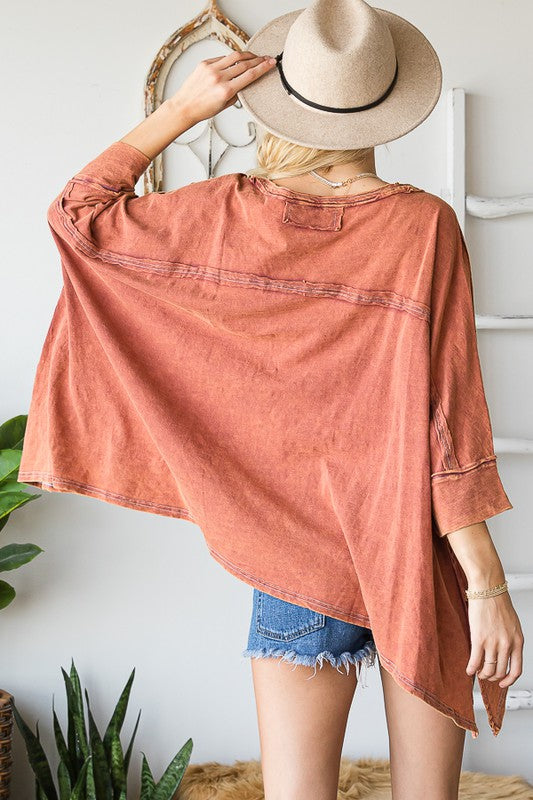 WIDE V NECK ASYMMETRICAL HEM OVERSIZED TOP