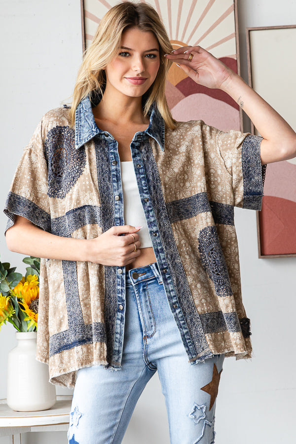 WASHED CROCHET PATCHWORK BUTTON DOWN SHIRT