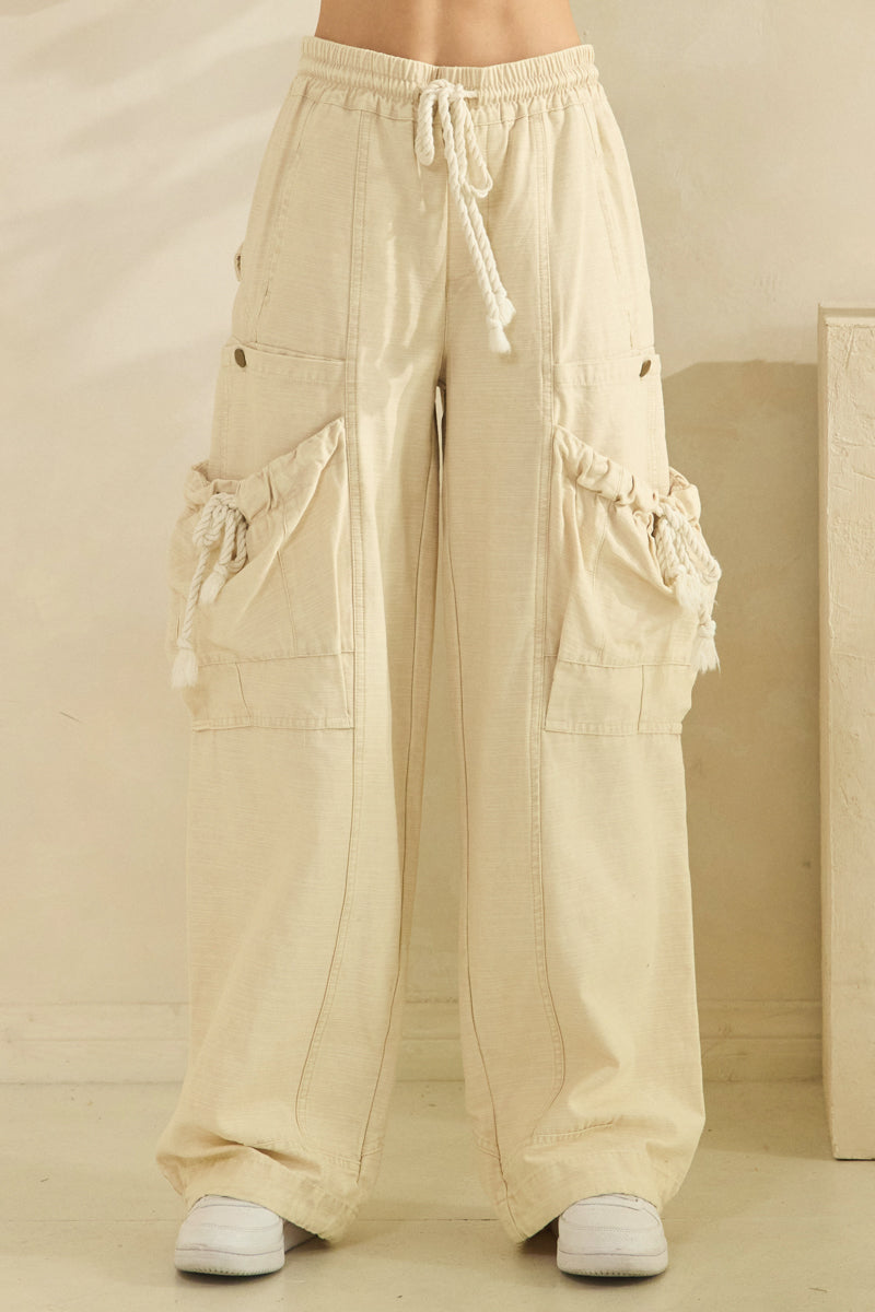 WASHED ELASTIC WAIST STRING POINT BIG POCKET PANTS