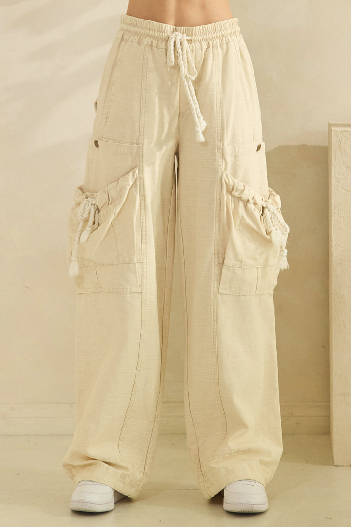 WASHED ELASTIC WAIST STRING POINT BIG POCKET PANTS