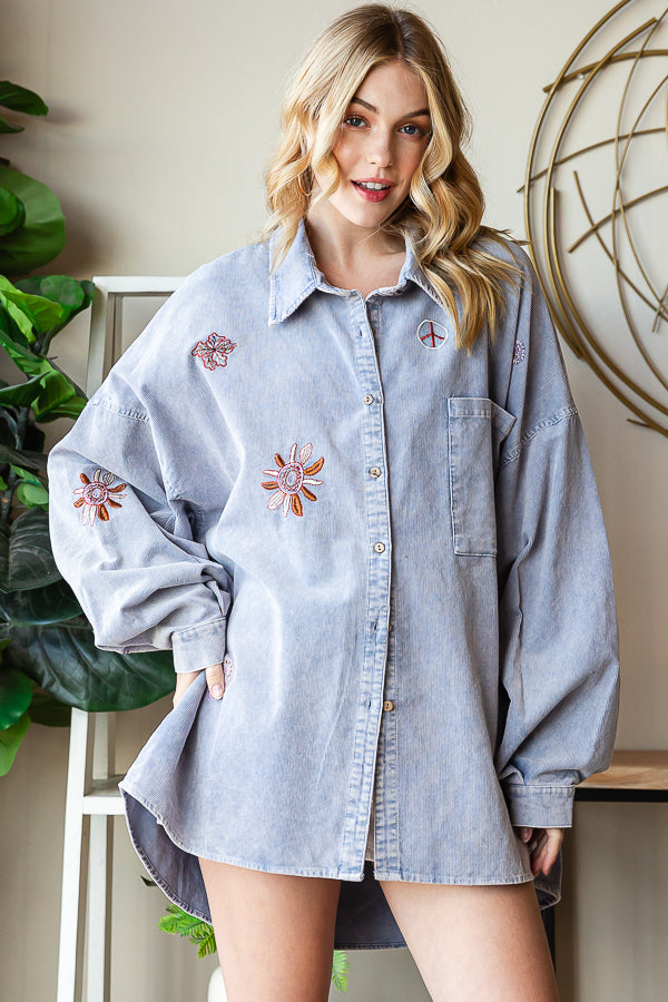 WASHED EMBROIDERED BUTTON DOWN CORDUROY SHIRT