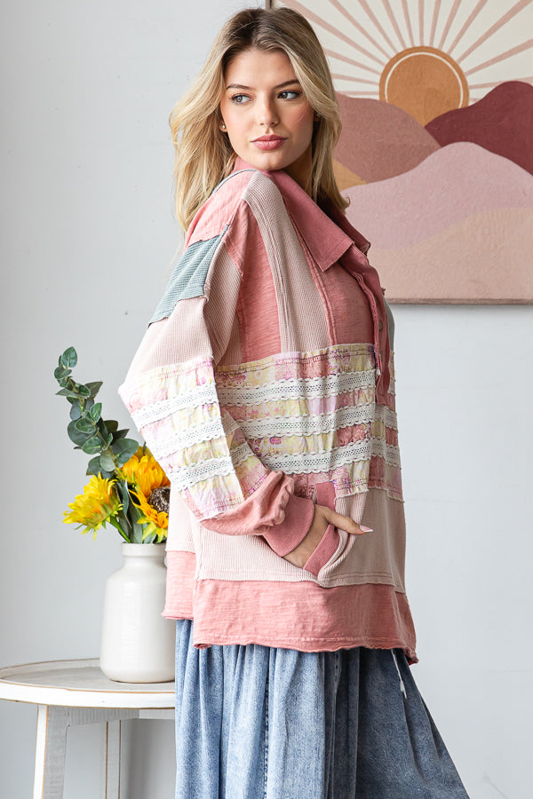 WASHED MIXED FABRIC BUTTON COLLAR LONG SLEEVE TOP