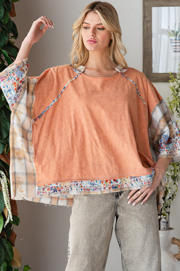 WASHED MULTI PRINT PATCHWORK OVERSIZED TOP