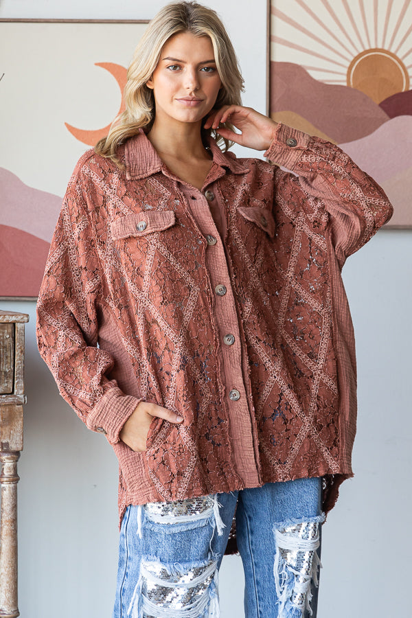 MINERAL WASHED BUTTON DOWN LACE TOP