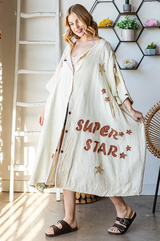WASHED STAR PATCHWORK DETAIL BUTTON FRONT DUSTER