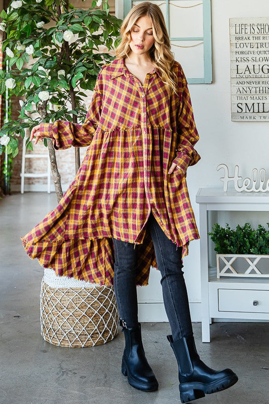 WASHED TIERED RUFFLE BACK DETAIL PLAID TUNIC SHIRT