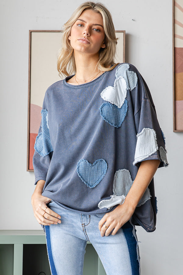 HEART PATCHWORK MINERAL WASHED SHORT SLEEVE TEE