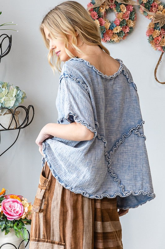 WASHED DOUBLE GUAZE RUFFLED DETAIL OVERSIZED TEE