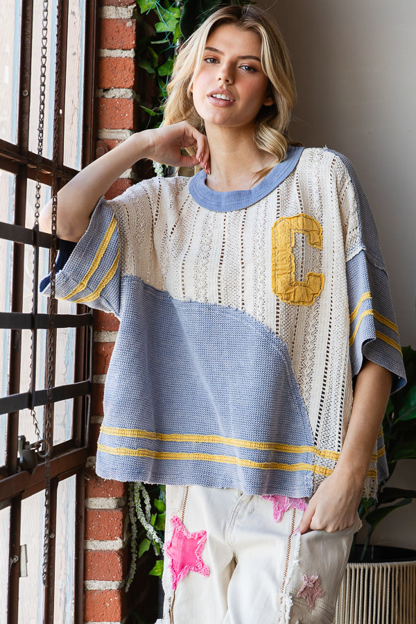 WASHED COLORBLOCK SWEATER KNIT DROP SHOULDER TOP