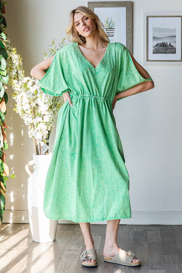 WASHED V NECK RUCHED WAIST COLD SHOULDER MAXI TOP