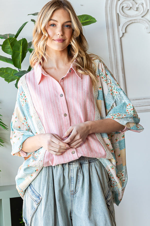 WASHED MIX MEDIA STRIPED BUTTON DOWN SHIRT