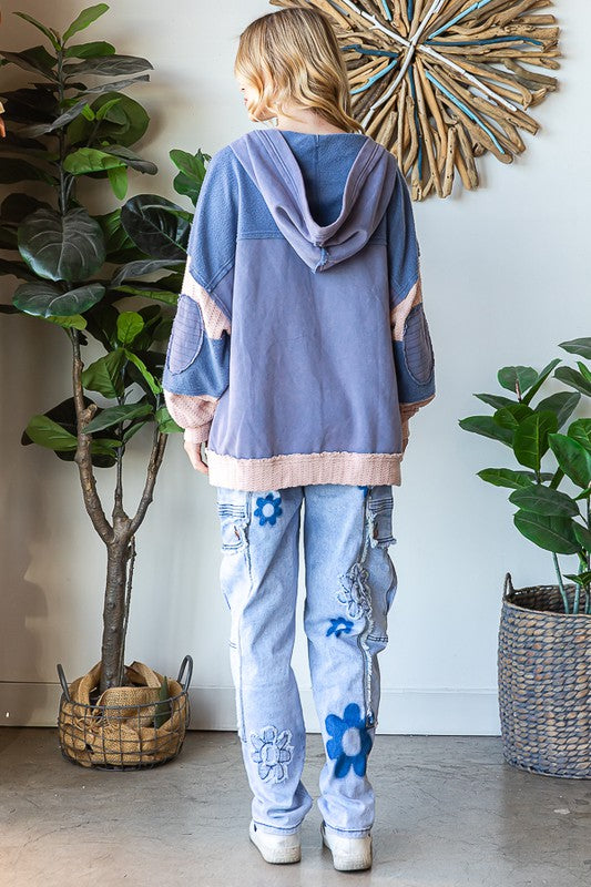 WASHED COLORBLOCK MIX MEDIA HOODED CARDIGAN