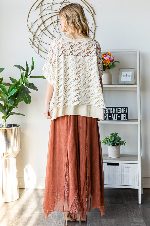WASHED CROCHET LAYERED KNIT TOP