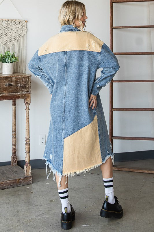WASHED COLORBLOCK DETAIL DENIM LONG JACKET