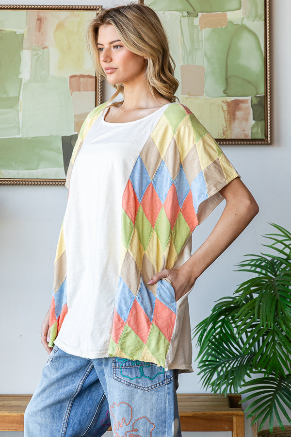 WASHED MULTICOLOR GEO PATCHWORK OVERSIZED TOP
