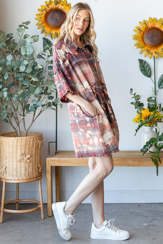 BLEACHED DETAIL WASHED SHORT SLEEVE SHIRT DRESS