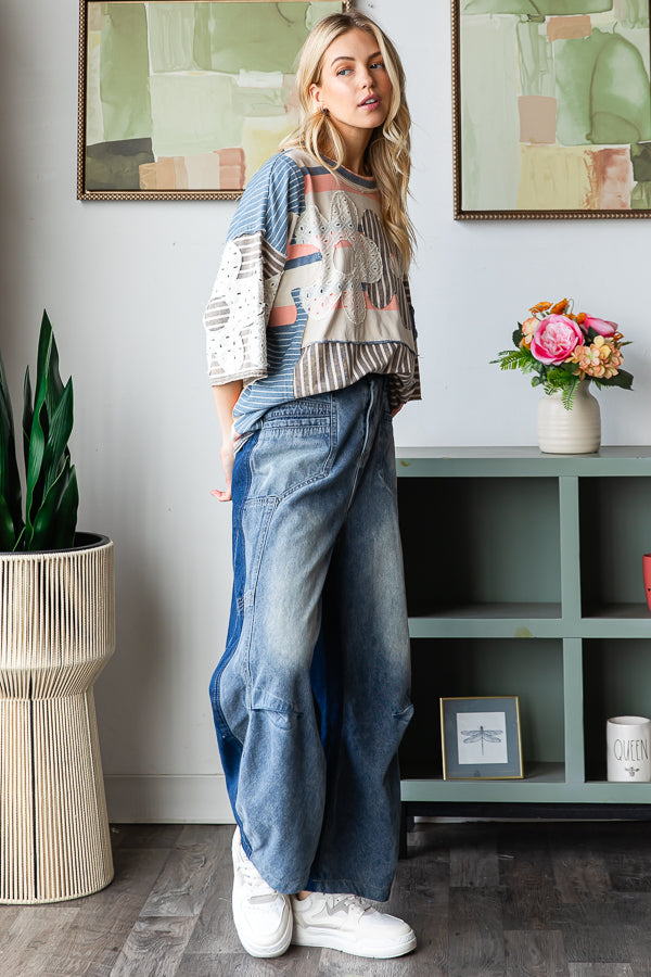 MINERAL WASHED COLORBLOCK CROPPED DENIM JEAN