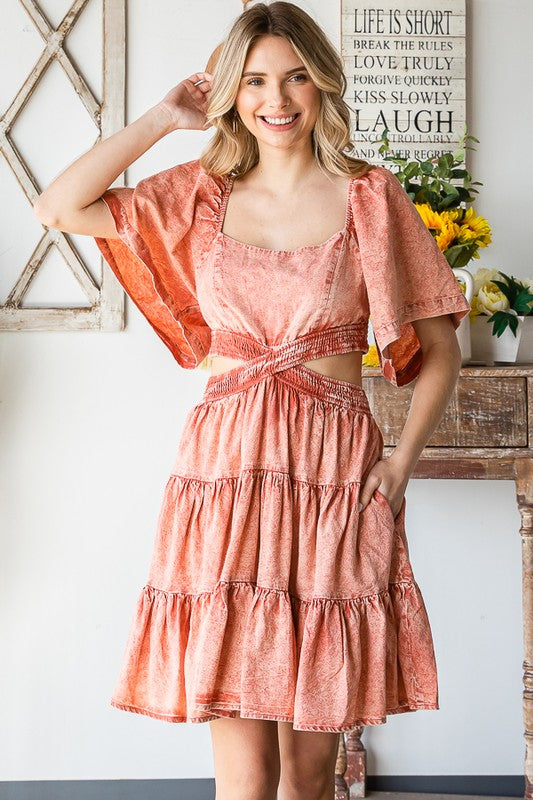 WASHED CROSS CUTOUT TIERED MINI DRESS