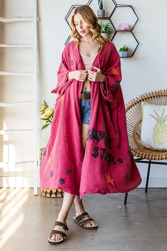 WASHED STAR PATCHWORK DETAIL BUTTON FRONT DUSTER