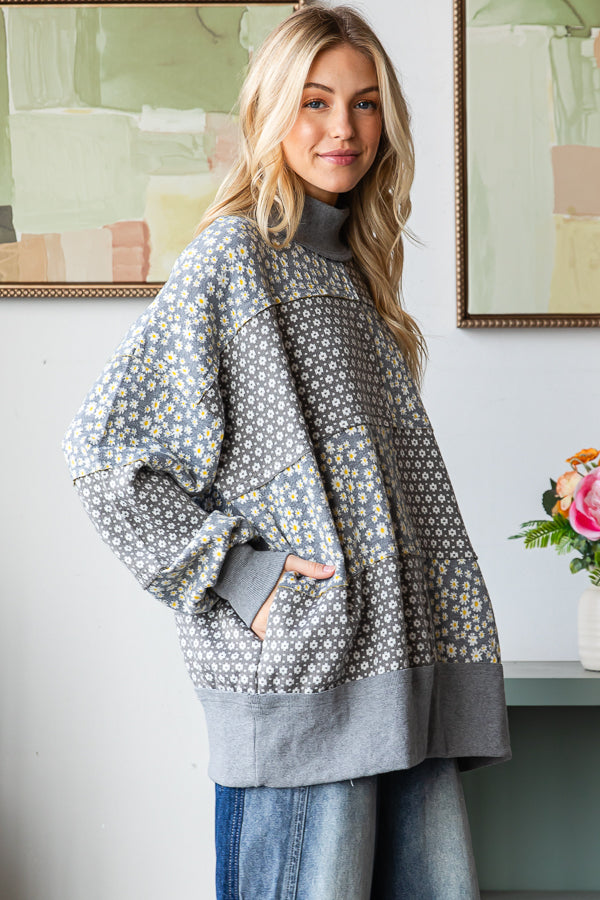 FLORAL PATTERNED FUNNEL NECK LONG SLEEVE SWEATER