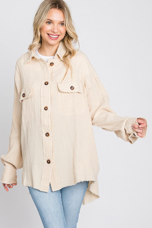 WASHED DOUBLE GAUZE BUTTON FRONT OVERSIZED SHACKET