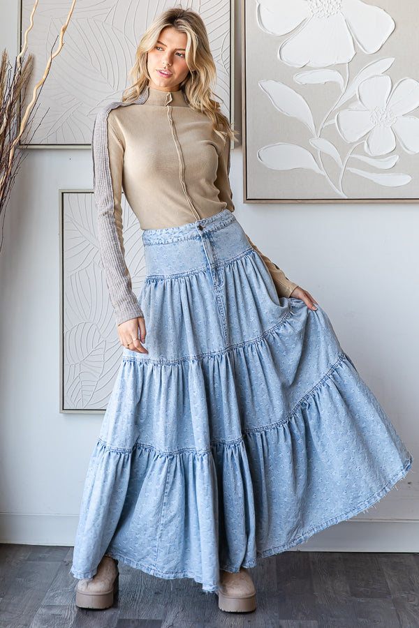 WASHED PRINTED MAXI TIERED SKIRT