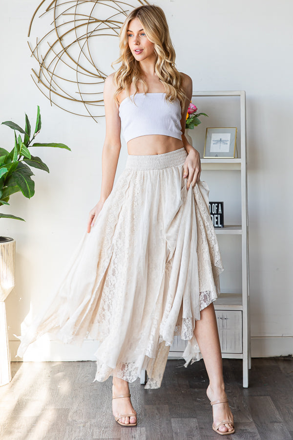 CHIFFON LACE MIXED OVERLAY A-LINE MIDI SKIRT