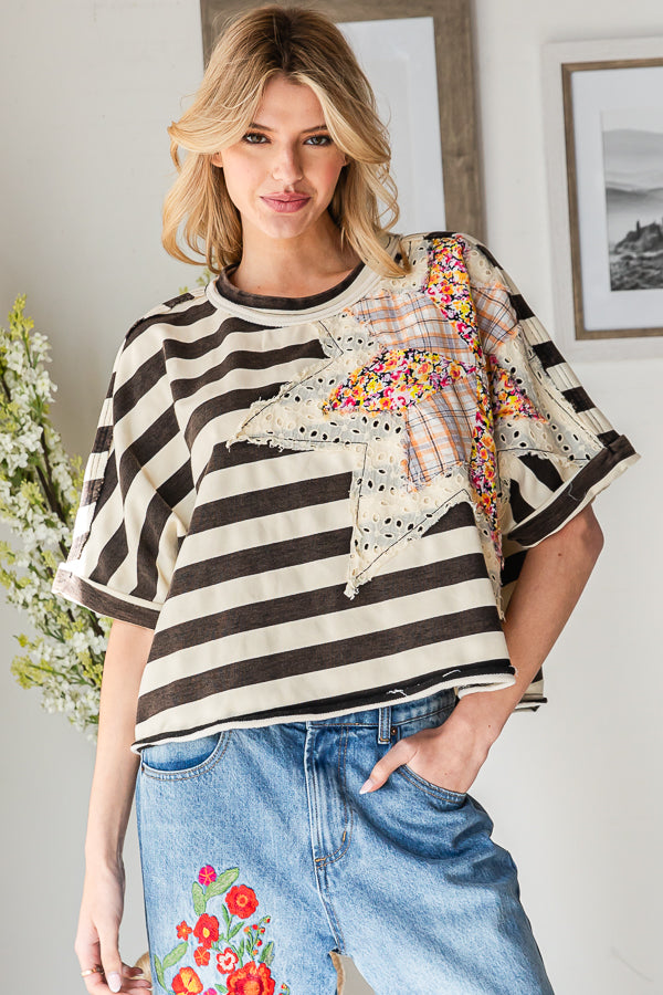 STAR PATCHWORK STRIPED SHORT SLEEVE TOP