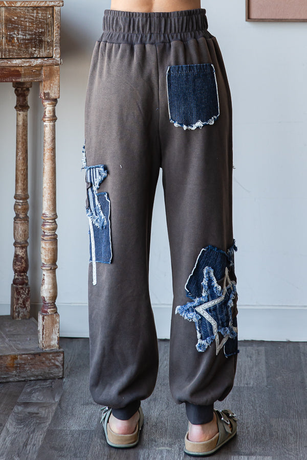 WASHED STAR PATCHWORK LOOSE JOGGER PANTS