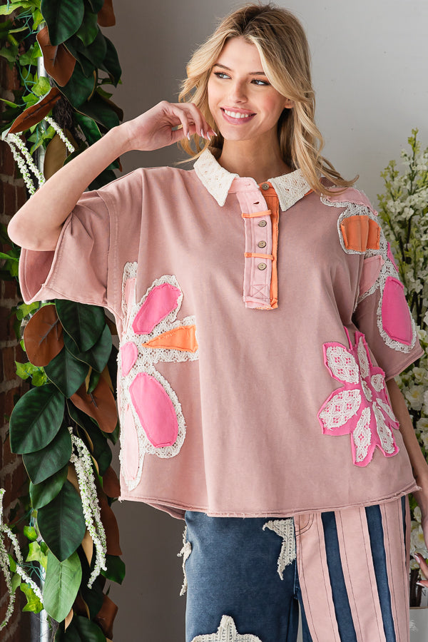 WASHED FLOWER PATCHWORK COLLARED TOP