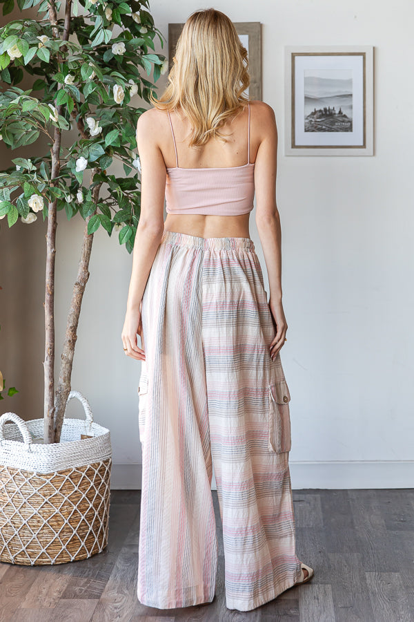 WASHED 3D POCKET NARROW STRIPE WIDE LEG PANTS