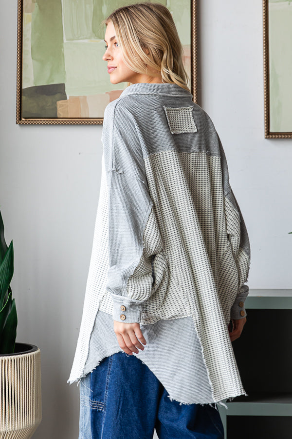 WASHED COLLARED NECK LONG SLEEVE WAFFLE TOP