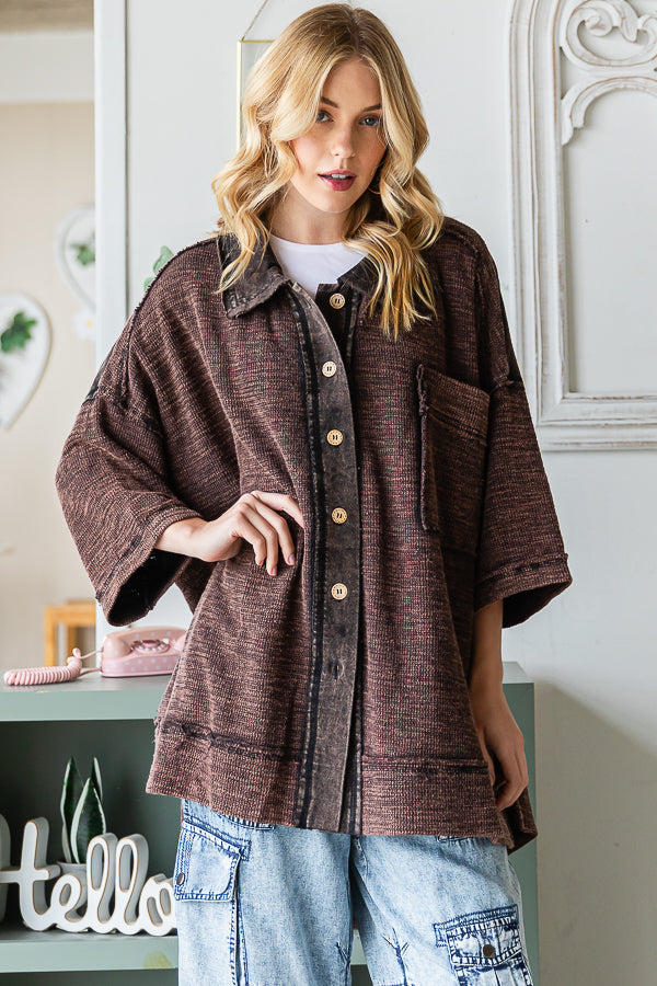 WASHED MIX MEDIA COLLAR NECK OVERSIZED SHIRT