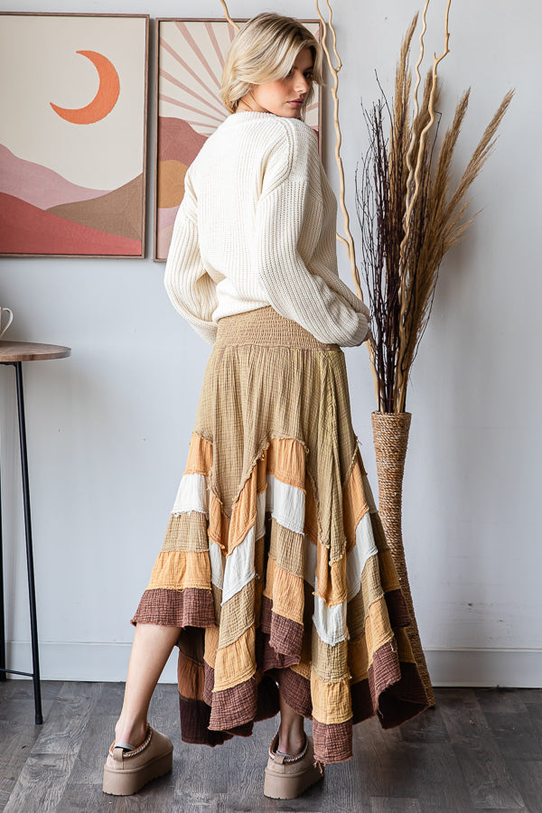 WASHED TIERED SMOCKED WAIST FLARE HEM SKIRT
