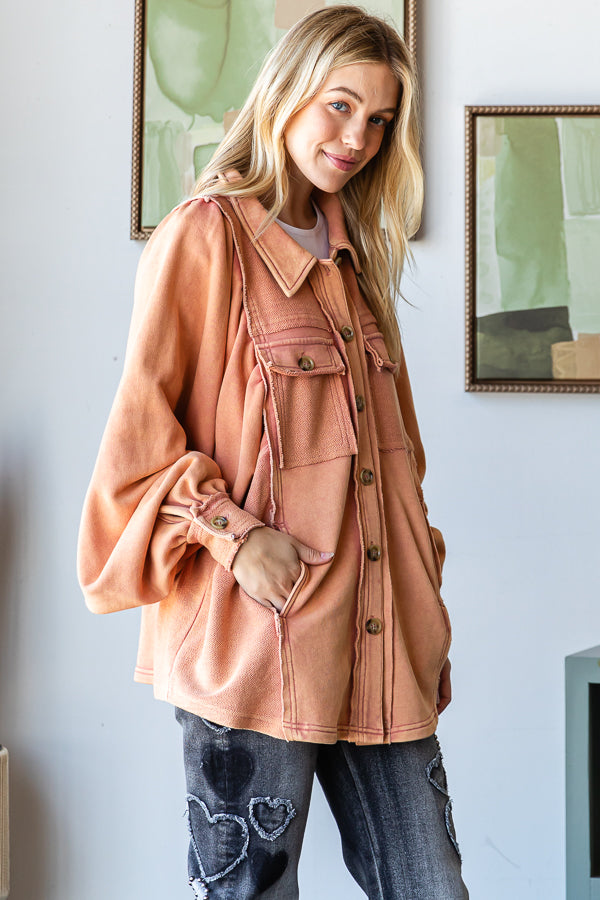WASHED BALLOON SLEEVE BUTTON FRONT SHIRT JACKET