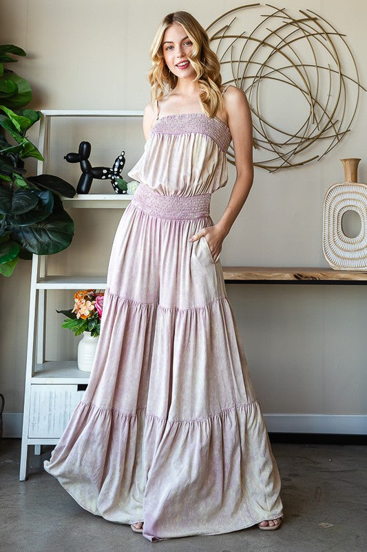 WASHED TIERED SMOCKED WAIST WIDE LEG JUMPSUIT