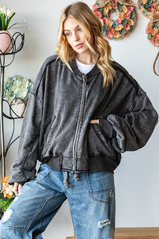 MINERAL WASHED ZIPPER FRONT BOMBER JACKET