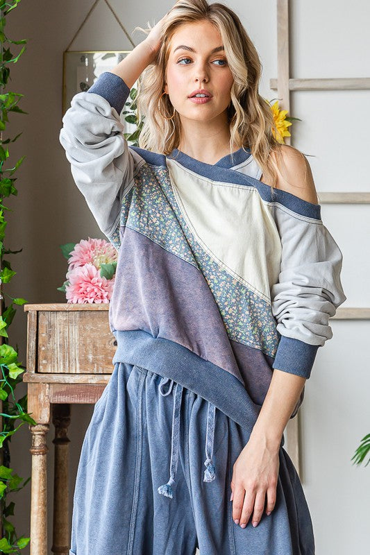 WASHED MIX MEDIA CUTOUT SHOULDER PULLOVER TOP