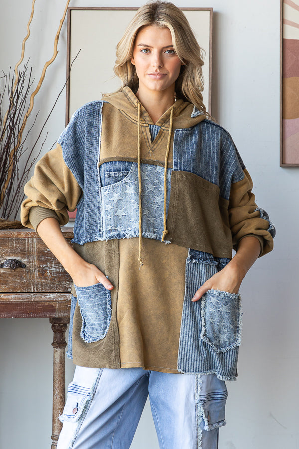 WASHED PATCHWORK DENIM HOODED PULLOVER TOP