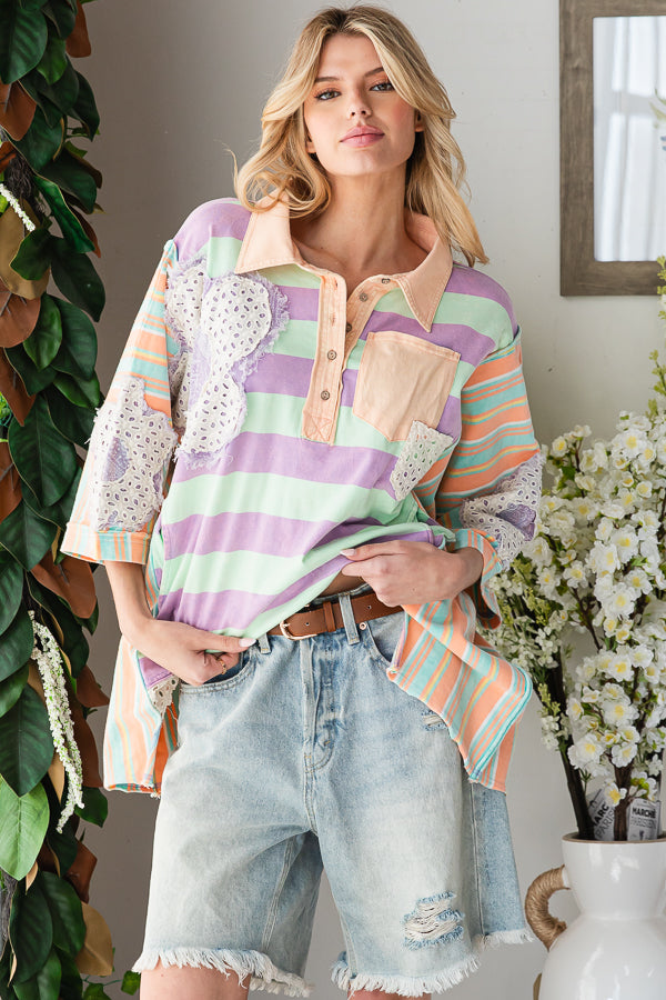 FLOWER PATCHWORK MULTICOLOR STRIPED TOP